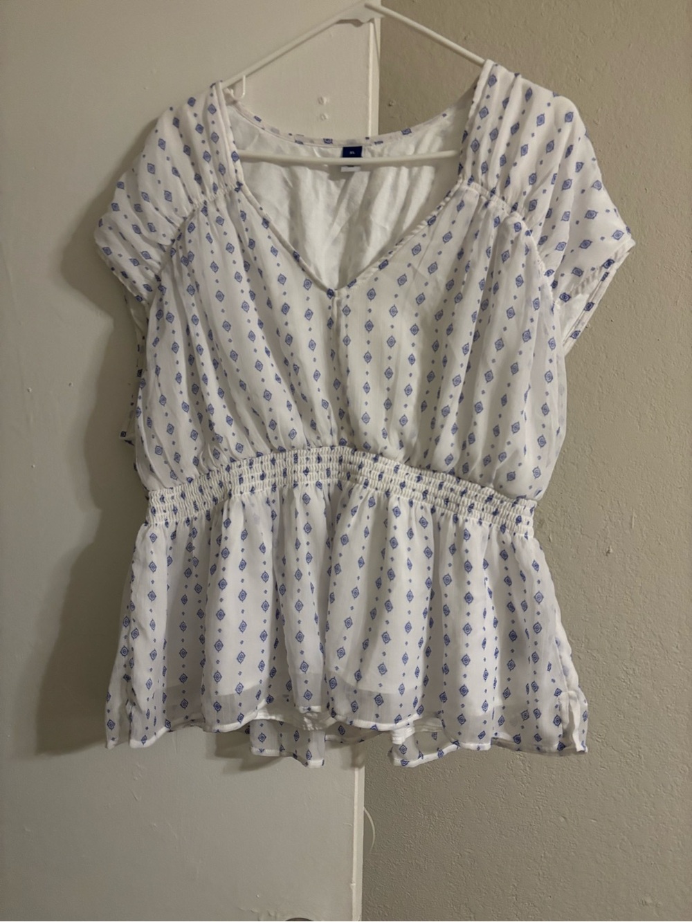 White & Blue Printed Peplum Blouse - Women